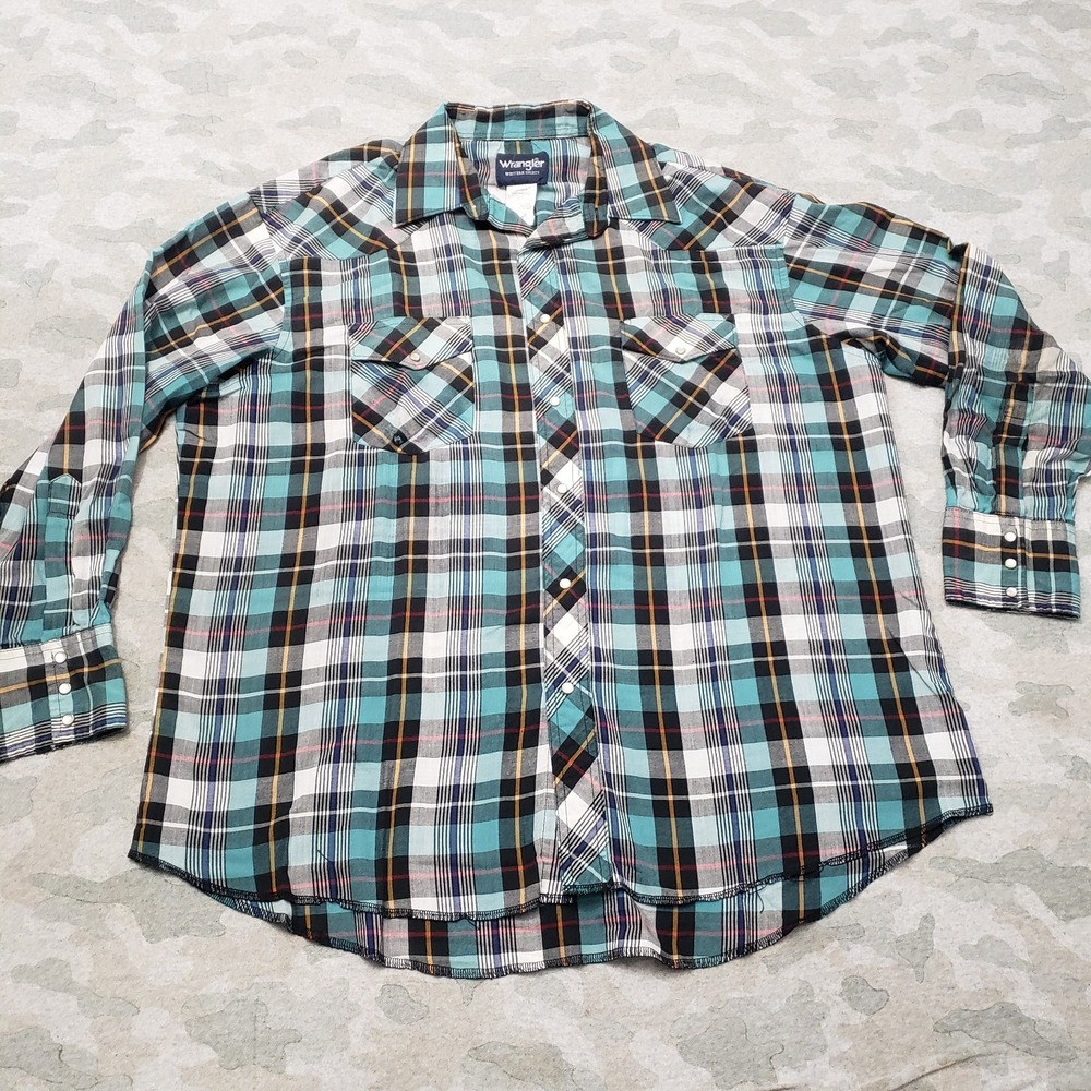 Wrangler Western Shirt Mens 17 1/2 Green Plaid Pocket Pearl Snap Long Sleeve